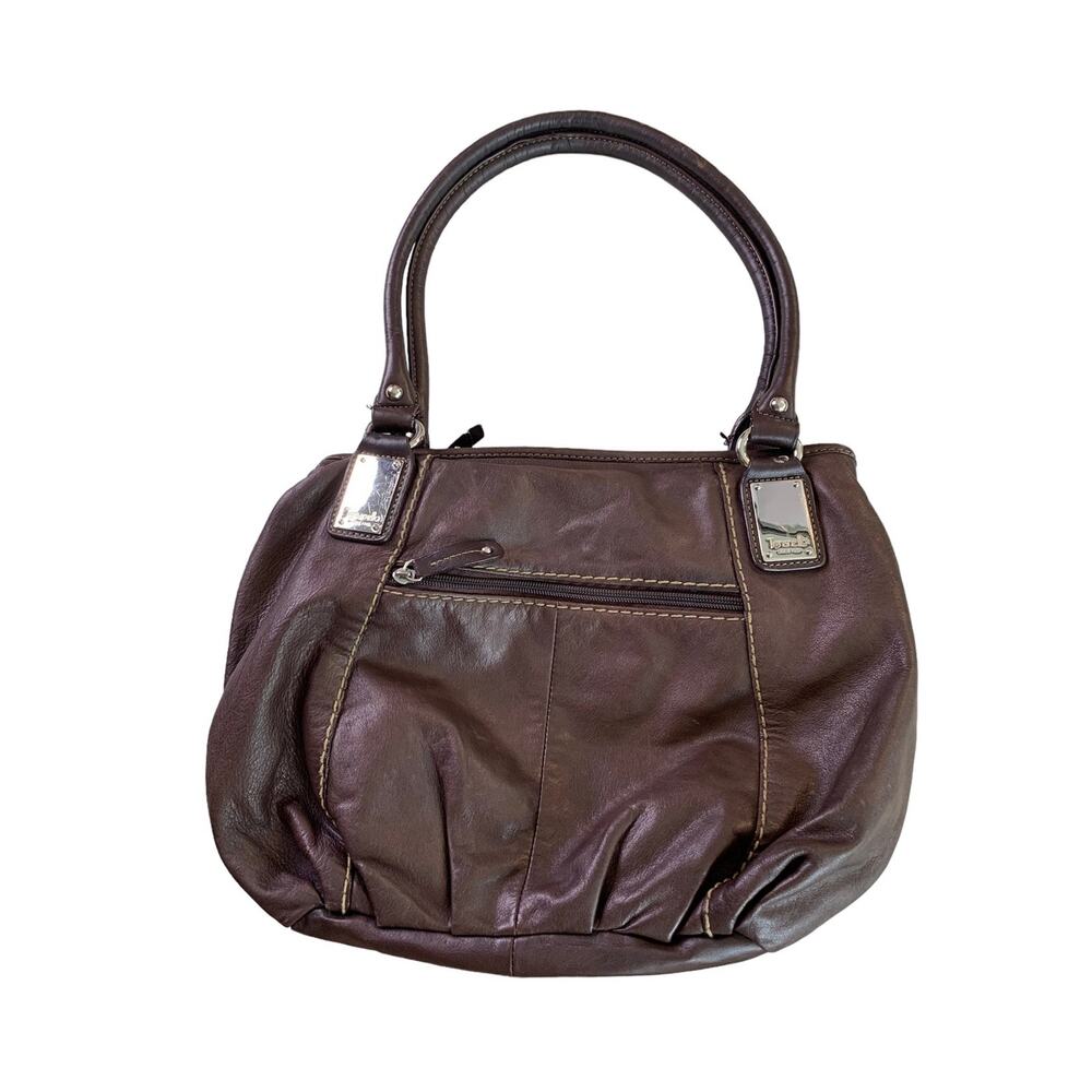Tignanello Shoulder Bag Brown Genuine Leather Purse Polyester Lined Tiny Flaw